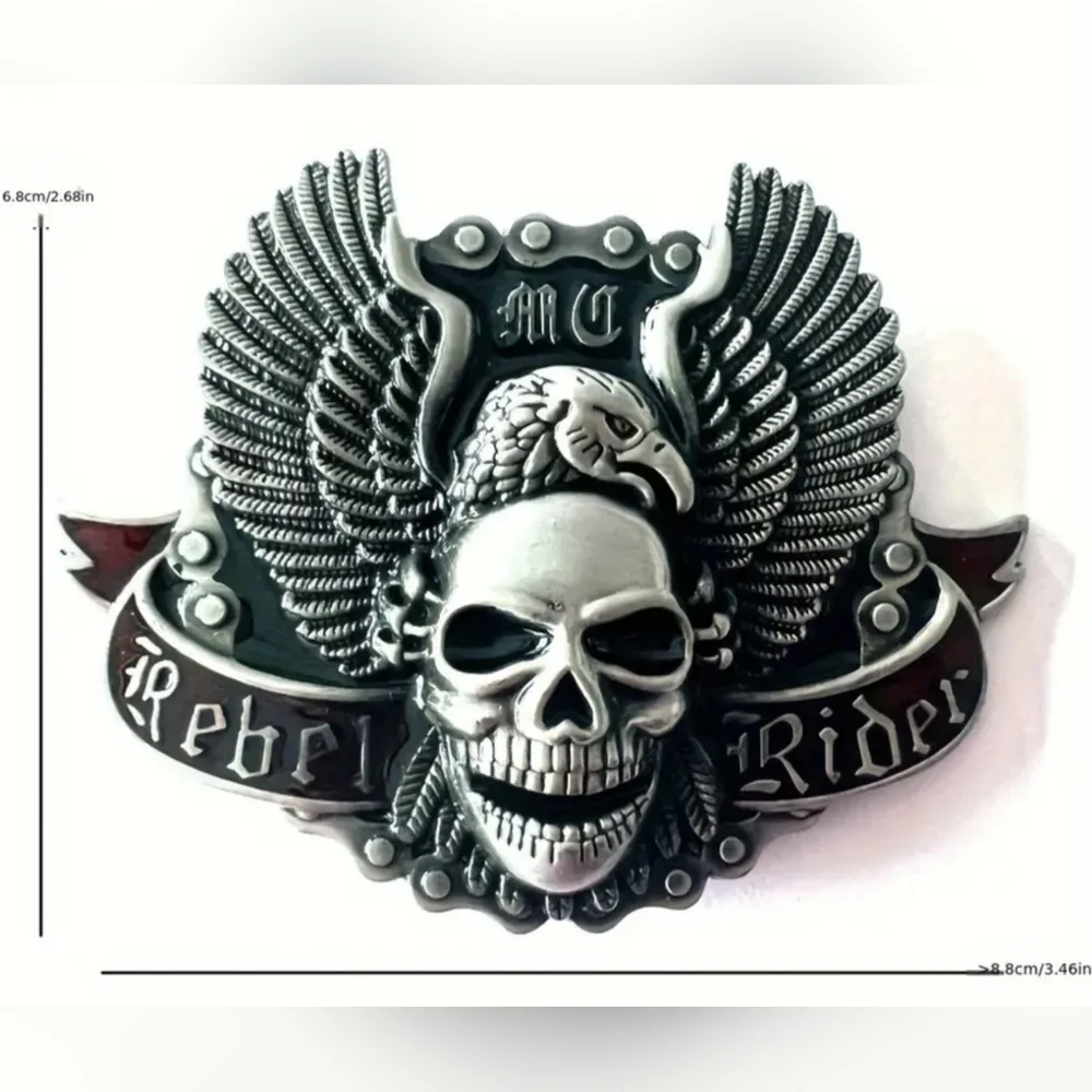 New Silver & Red Colored Skull Winged Belt Buckle, Rebel Rider, Eagle, T3MISB7A